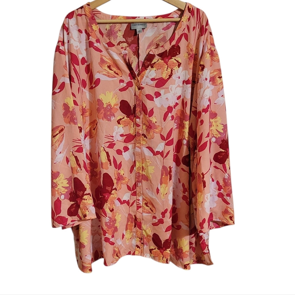 Catherines Pink Floral Button Down Blouse